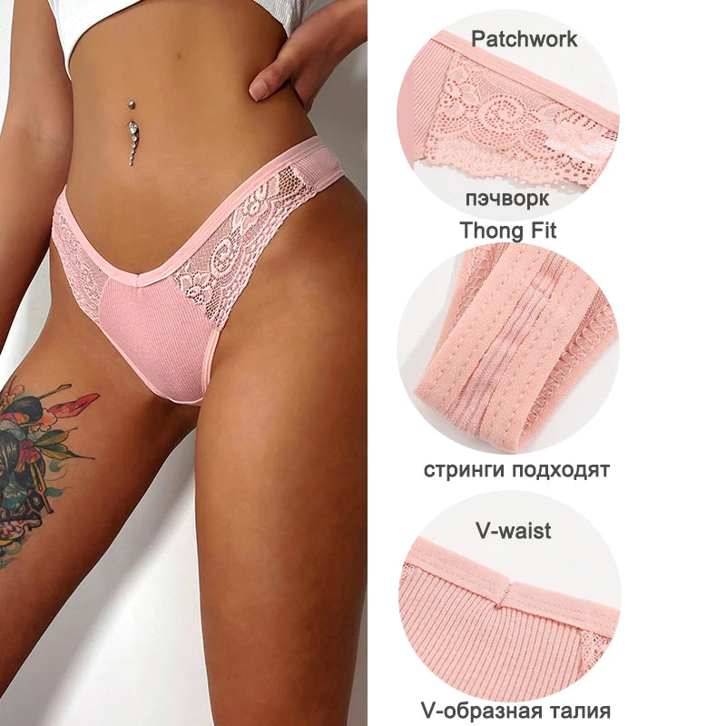 4PCS/Set Women Cotton Lace Panties Sexy V Waist Thongs Female