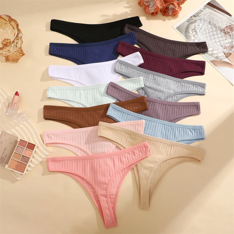 7PCS Women Cotton Striped Thongs Underwear Low Waist G-String Panties
