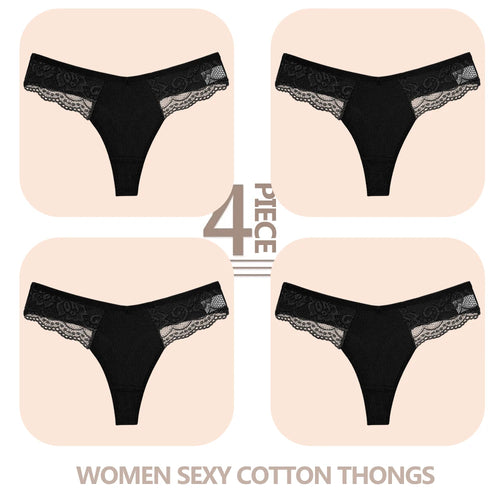 4PCS/Set Women Cotton Lace Panties Sexy V Waist Thongs Female