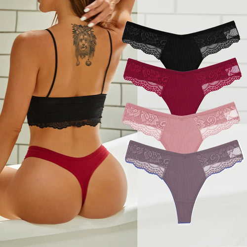 4PCS Cotton G-string Women Lingerie Sexy Lace Panties Thongs Femme