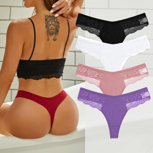 4PCS Cotton G-string Women Lingerie Sexy Lace Panties Thongs Femme