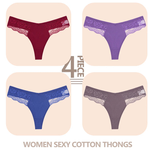 4PCS/Set Women Cotton Lace Panties Sexy V Waist Thongs Female