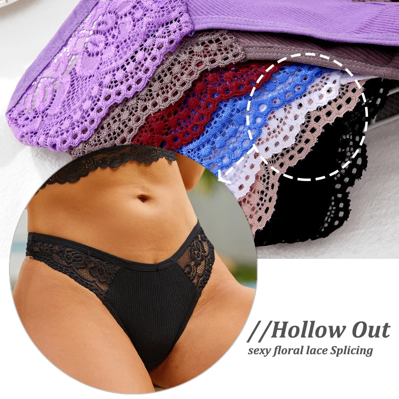 4PCS/Set Women Cotton Lace Panties Sexy V Waist Thongs Female