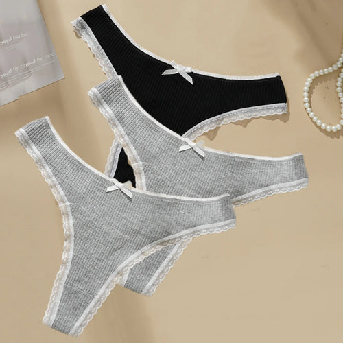 3PCS Sexy Low Waist Panties Women Lace Trim Solid Color Briefs M-XL