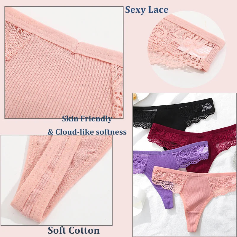4PCS Cotton G-string Women Lingerie Sexy Lace Panties Thongs Femme