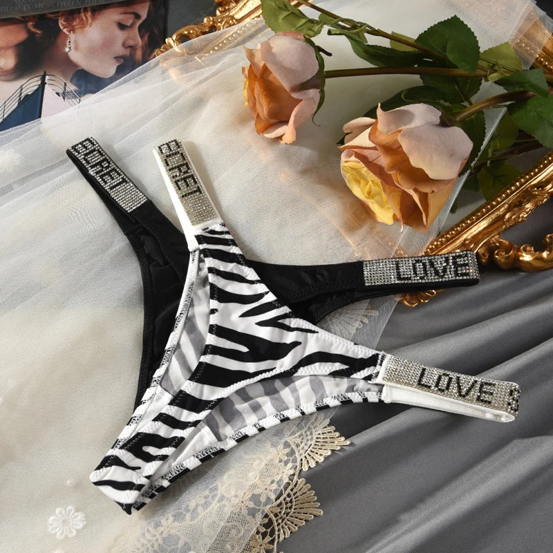 Low Waist Sexy Panties Women Thongs Rhinestones Letter Diamonds