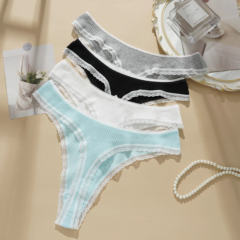 3PCS Sexy Low Waist Panties Women Lace Trim Solid Color Briefs M-XL