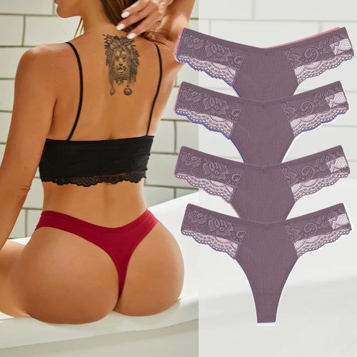 4PCS Cotton G-string Women Lingerie Sexy Lace Panties Thongs Femme