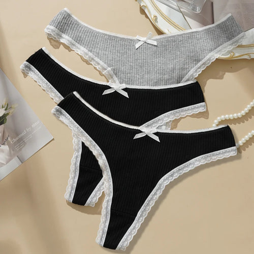 3PCS Sexy Low Waist Panties Women Lace Trim Solid Color Briefs M-XL