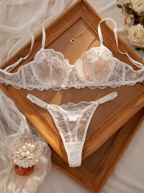 Sexy Lace Floral Underwear Set Women's Ultra-Thin Bra Set 2-Piece Bra