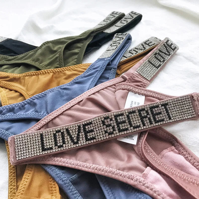 5Pcs Low Waist Sexy Panties Women Thongs Rhinestones Letter Diamonds