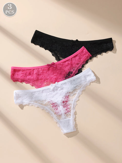 Awesomea 3Pcs Women’s Lace Bow Underwear – Soft Comfortable Low Waist