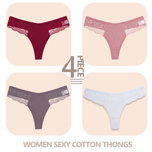 4PCS/Set Women Cotton Lace Panties Sexy V Waist Thongs Female
