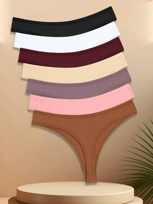 7PCS Women Cotton Striped Thongs Underwear Low Waist G-String Panties