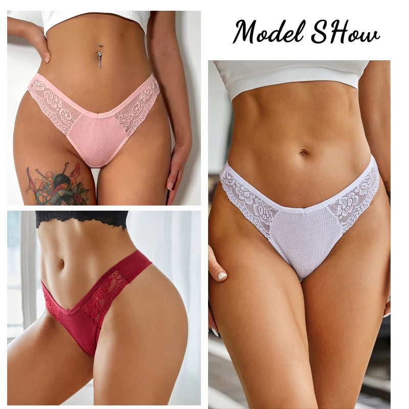 4PCS/Set Women Cotton Lace Panties Sexy V Waist Thongs Female
