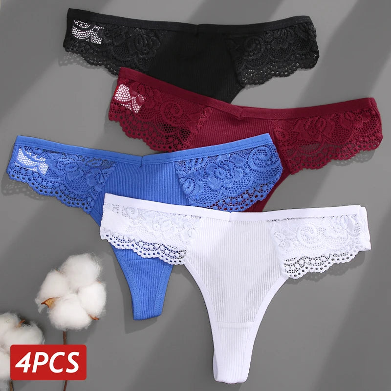 4PCS/Set Women Cotton Lace Panties Sexy V Waist Thongs Female