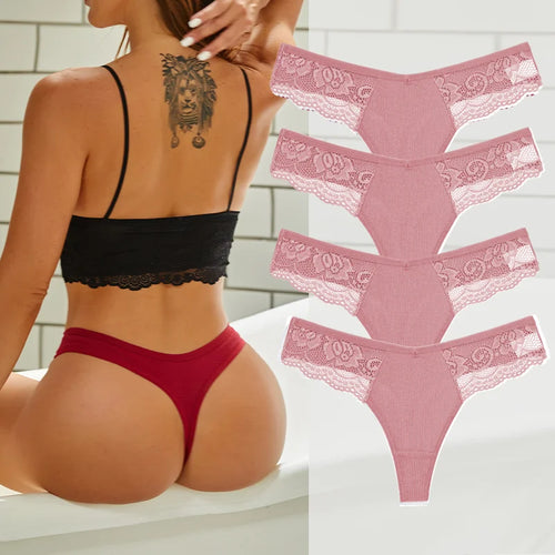 4PCS Cotton G-string Women Lingerie Sexy Lace Panties Thongs Femme