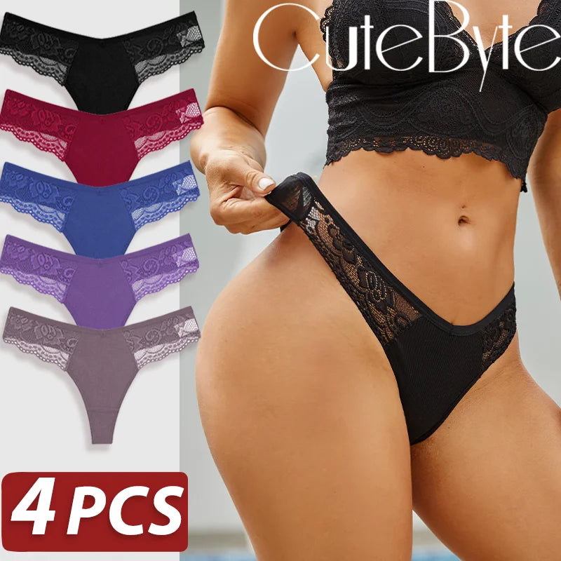 4PCS Cotton G-string Women Lingerie Sexy Lace Panties Thongs Femme