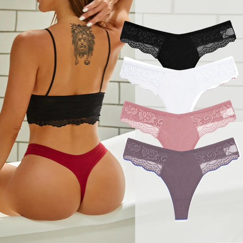 4PCS Cotton G-string Women Lingerie Sexy Lace Panties Thongs Femme