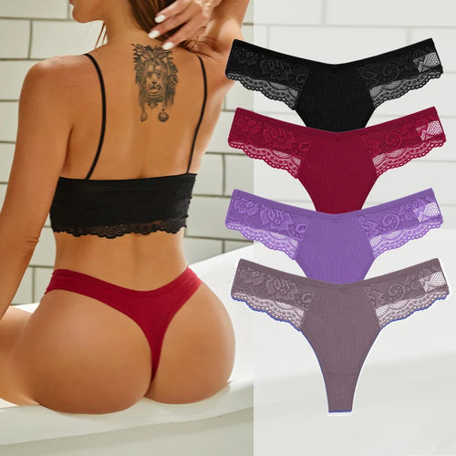 4PCS Cotton G-string Women Lingerie Sexy Lace Panties Thongs Femme