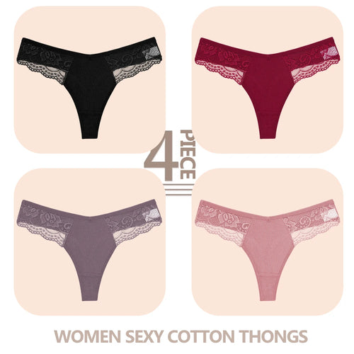 4PCS/Set Women Cotton Lace Panties Sexy V Waist Thongs Female