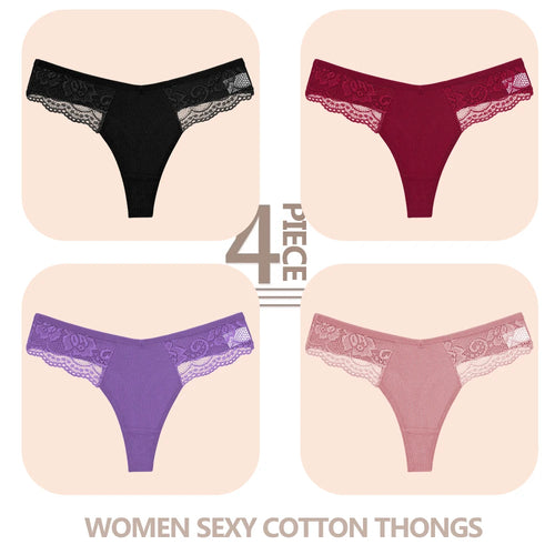 4PCS/Set Women Cotton Lace Panties Sexy V Waist Thongs Female