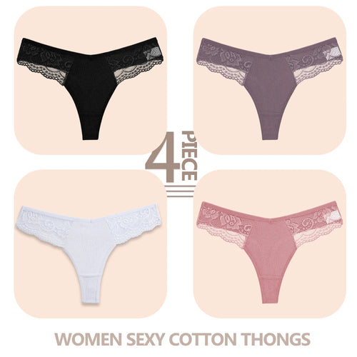 4PCS/Set Women Cotton Lace Panties Sexy V Waist Thongs Female