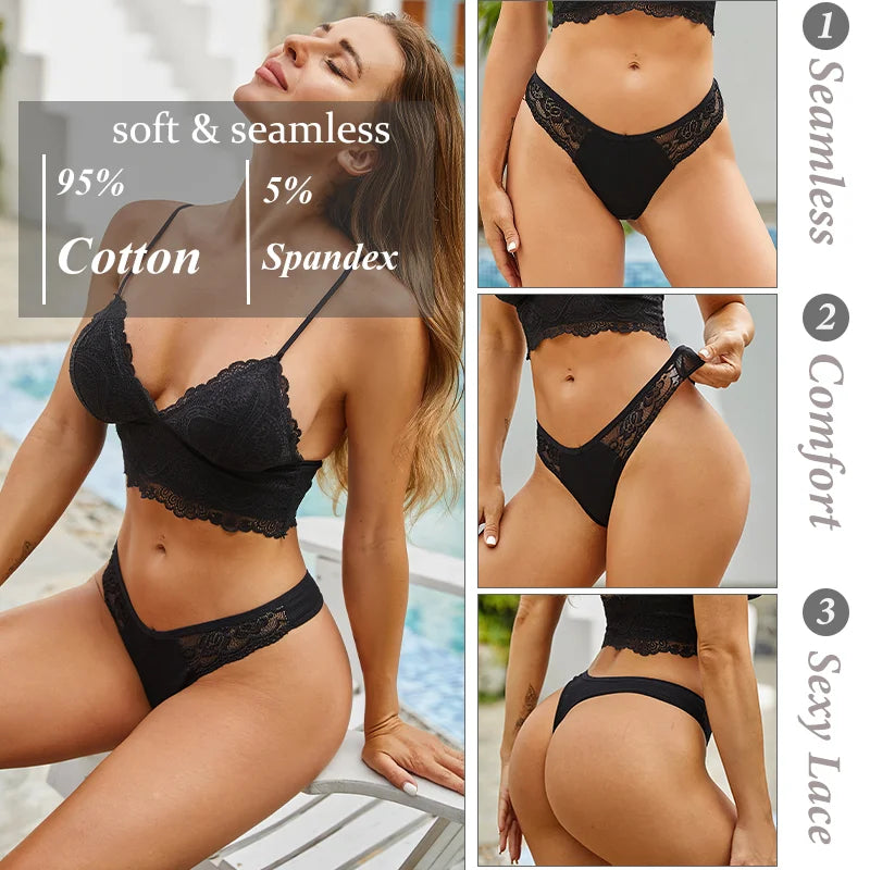 4PCS Cotton G-string Women Lingerie Sexy Lace Panties Thongs Femme