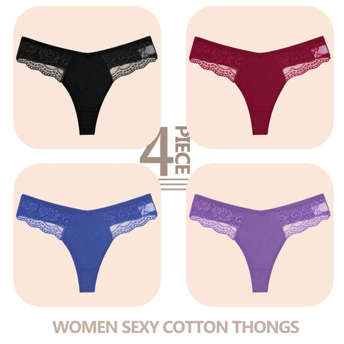 4PCS/Set Women Cotton Lace Panties Sexy V Waist Thongs Female