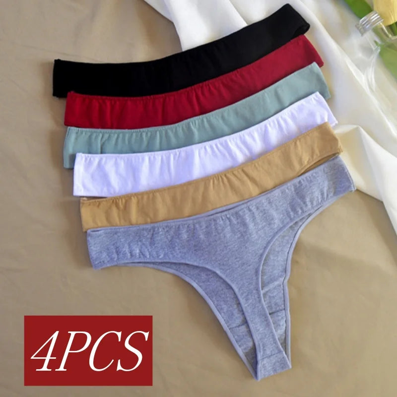 4Pcs/Set Cotton Thongs For Women Low Rise Panties Sexy G-String Female