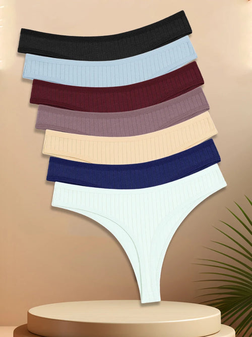 7PCS Women Cotton Striped Thongs Underwear Low Waist G-String Panties