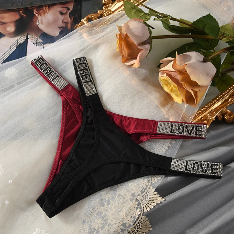 Low Waist Sexy Panties Women Thongs Rhinestones Letter Diamonds