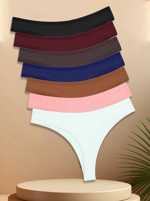 7PCS Women Cotton Striped Thongs Underwear Low Waist G-String Panties