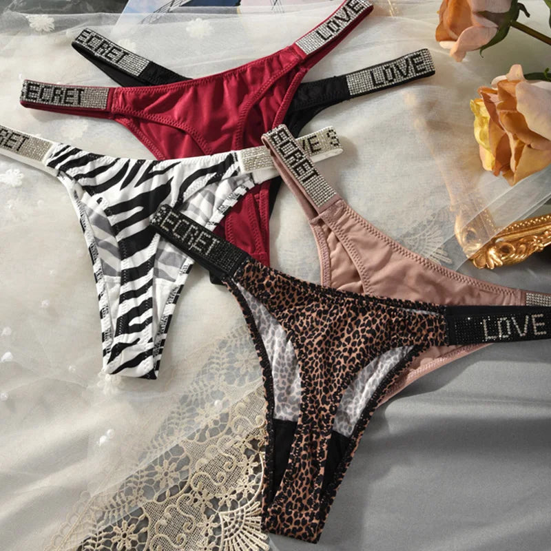 Low Waist Sexy Panties Women Thongs Rhinestones Letter Diamonds