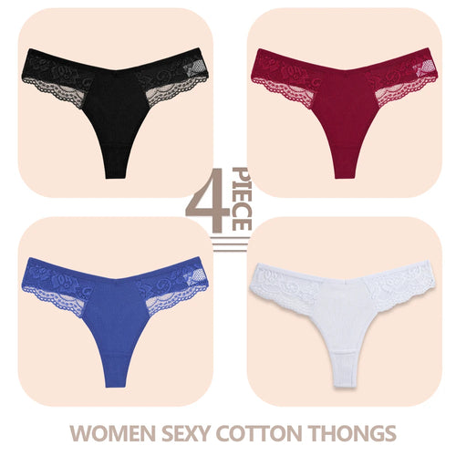 4PCS/Set Women Cotton Lace Panties Sexy V Waist Thongs Female