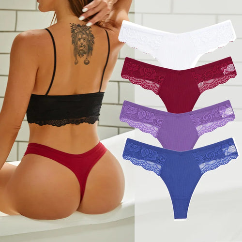 4PCS Cotton G-string Women Lingerie Sexy Lace Panties Thongs Femme