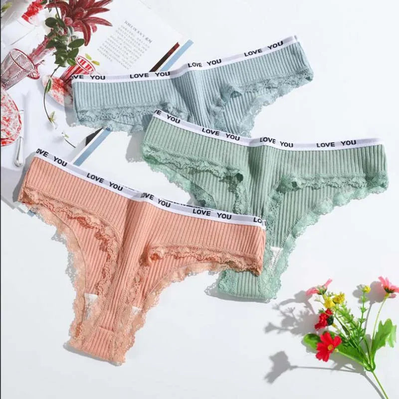 3Pcs/Lot Lace Thong Women's Tanga Low Waist Sexy Lingeries Cotton