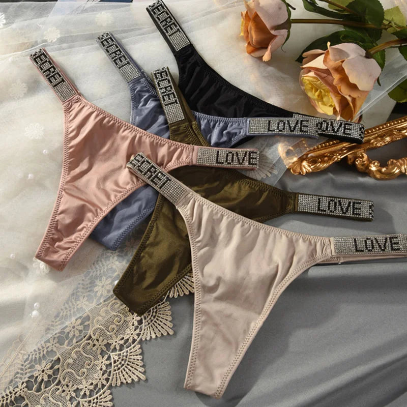 Low Waist Sexy Panties Women Thongs Rhinestones Letter Diamonds