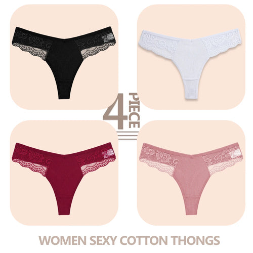 4PCS/Set Women Cotton Lace Panties Sexy V Waist Thongs Female