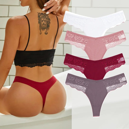 4PCS Cotton G-string Women Lingerie Sexy Lace Panties Thongs Femme