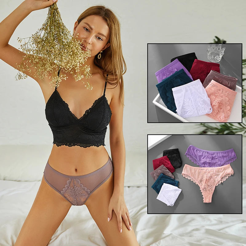 Women Sexy Lace Thongs Ladies Solid Color G-String Panties Floral