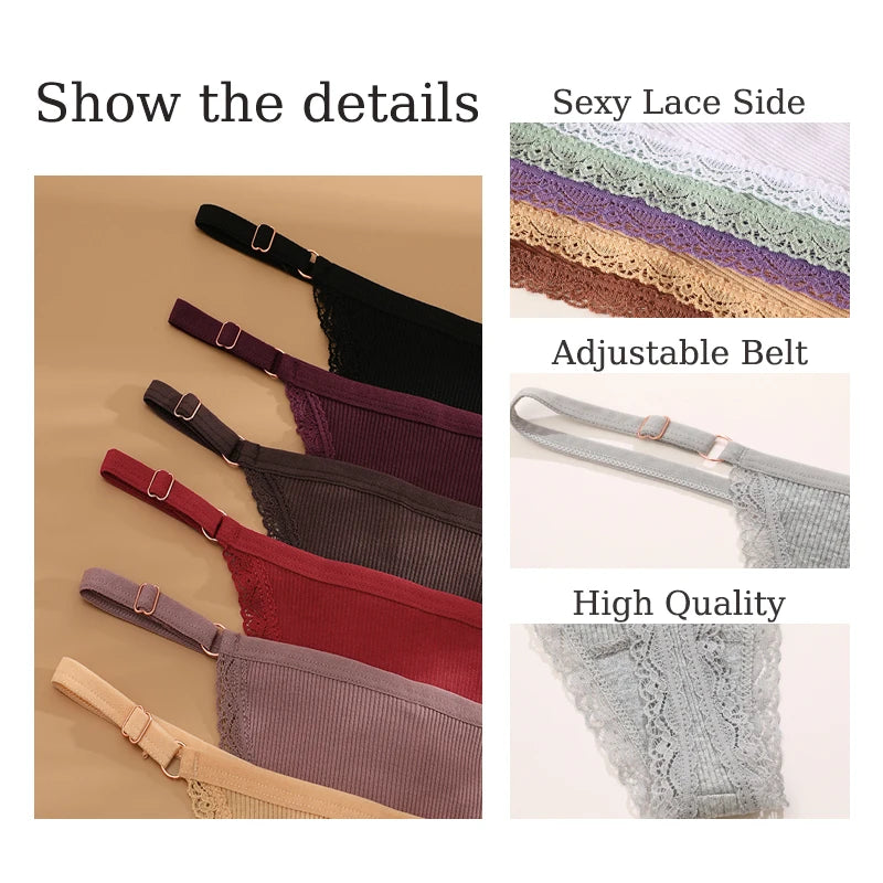 8Pcs/Set Cotton Lace Thongs For Women Sexy Seamless Solid Color