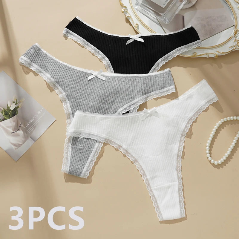 3PCS Sexy Low Waist Panties Women Lace Trim Solid Color Briefs M-XL