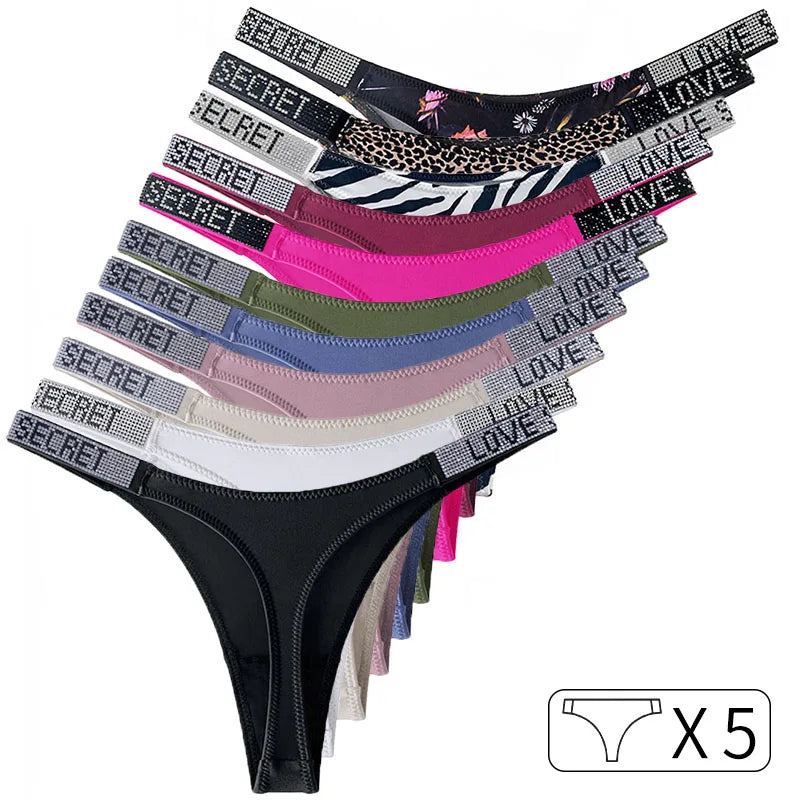 5Pcs Low Waist Sexy Panties Women Thongs Rhinestones Letter Diamonds