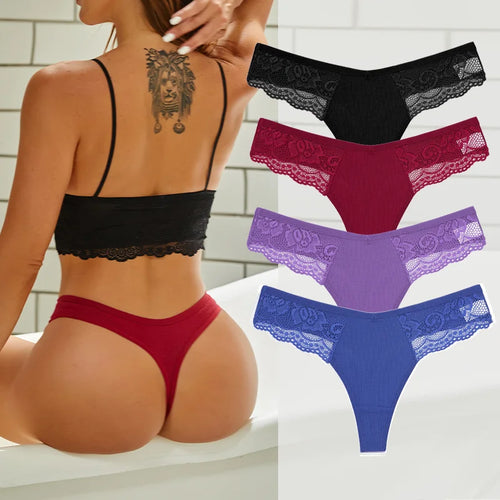 4PCS Cotton G-string Women Lingerie Sexy Lace Panties Thongs Femme