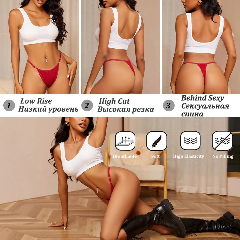 8Pcs/Set Cotton Lace Thongs For Women Sexy Seamless Solid Color