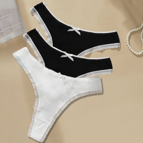 3PCS Sexy Low Waist Panties Women Lace Trim Solid Color Briefs M-XL