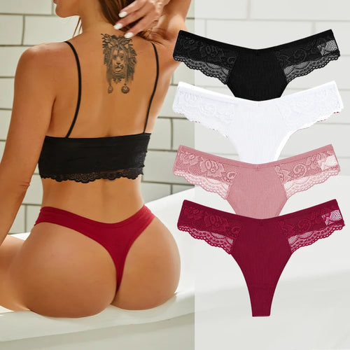 4PCS Cotton G-string Women Lingerie Sexy Lace Panties Thongs Femme